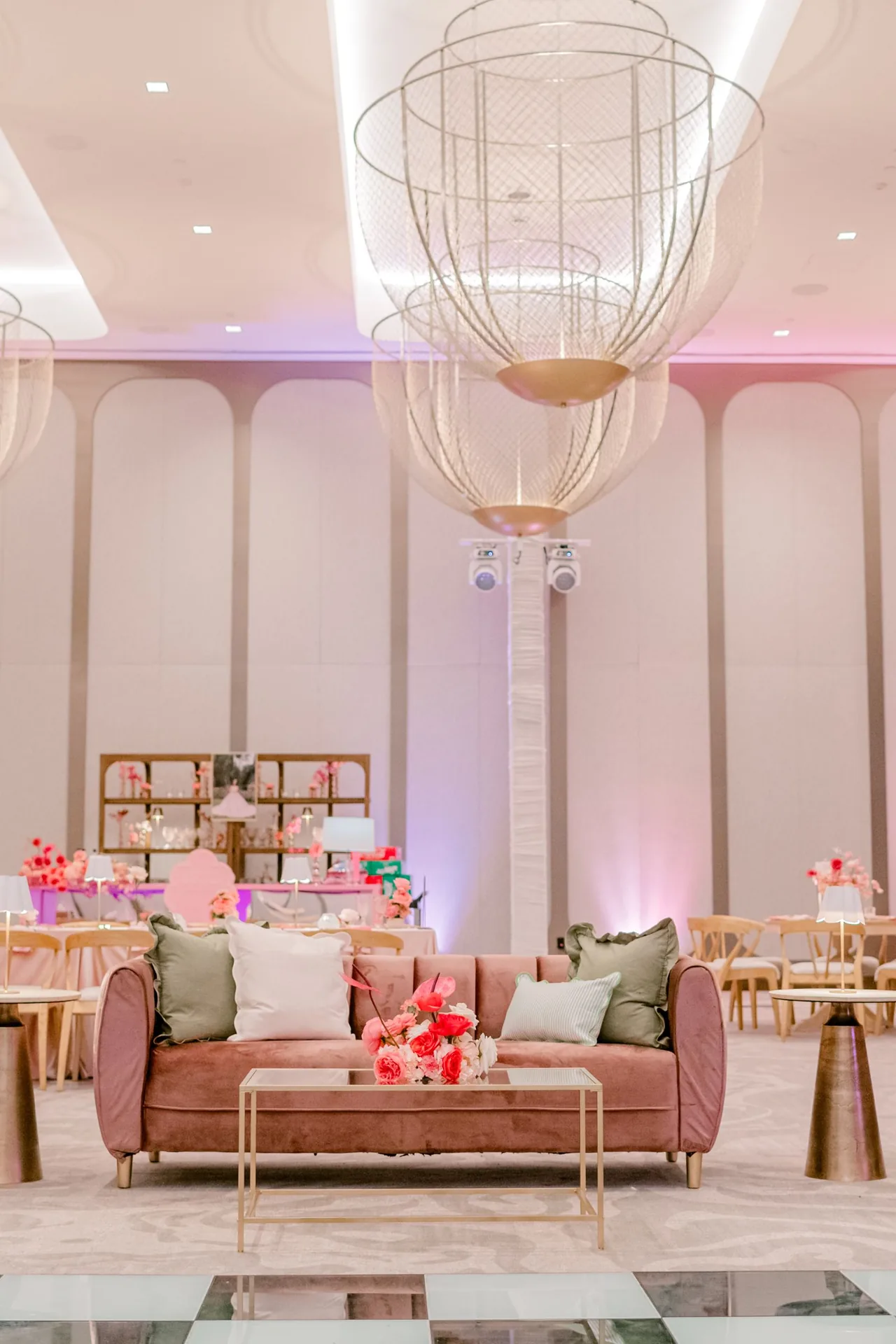 Elegant ballroom lounge with floral styling by EVENT by OVA