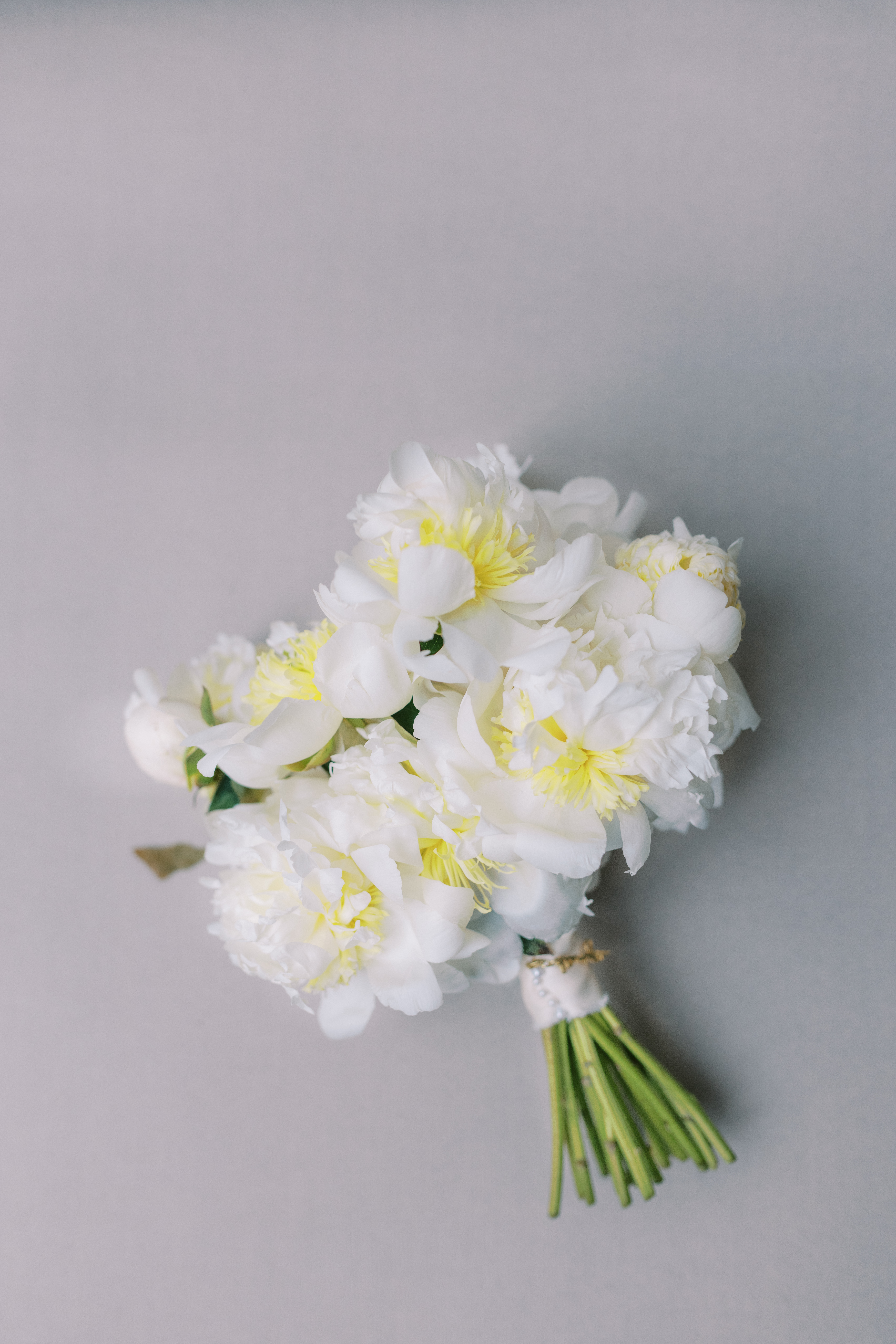 Close-up of lush white peonies with delicate yellow centers against a soft neutral background.