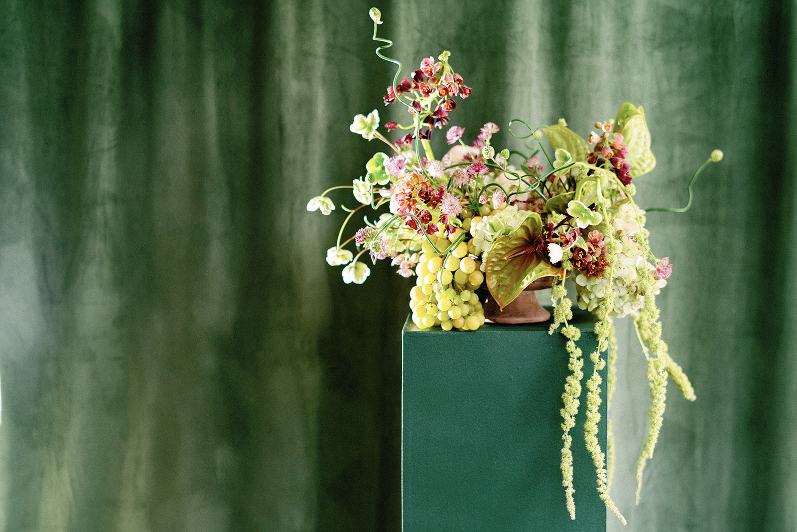 Artistic floral arrangement with green grapes, anthuriums, and trailing amaranthus displayed on a green pedestal.